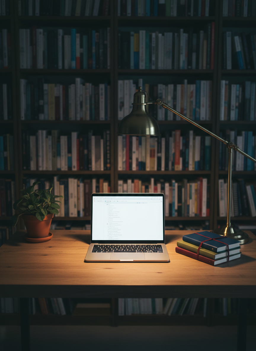 A cozy, professional writing nook captured in photographic realism: a simple wooden desk facing a tall bookshelf filled with varied, spine-out books whose titles are indistinct. On the desk, a minimalist laptop displays a softly glowing blank document, beside a stack of three differently colored notebooks tied with a thin ribbon. A small potted plant and a classic metal desk lamp add warmth. The lamp casts a pool of warm light on the desktop, while cooler, dim ambient light fills the room. Shot from a slightly elevated angle with moderate depth of field, the scene feels focused yet welcoming, symbolizing the space where an author shapes ideas into finished work.