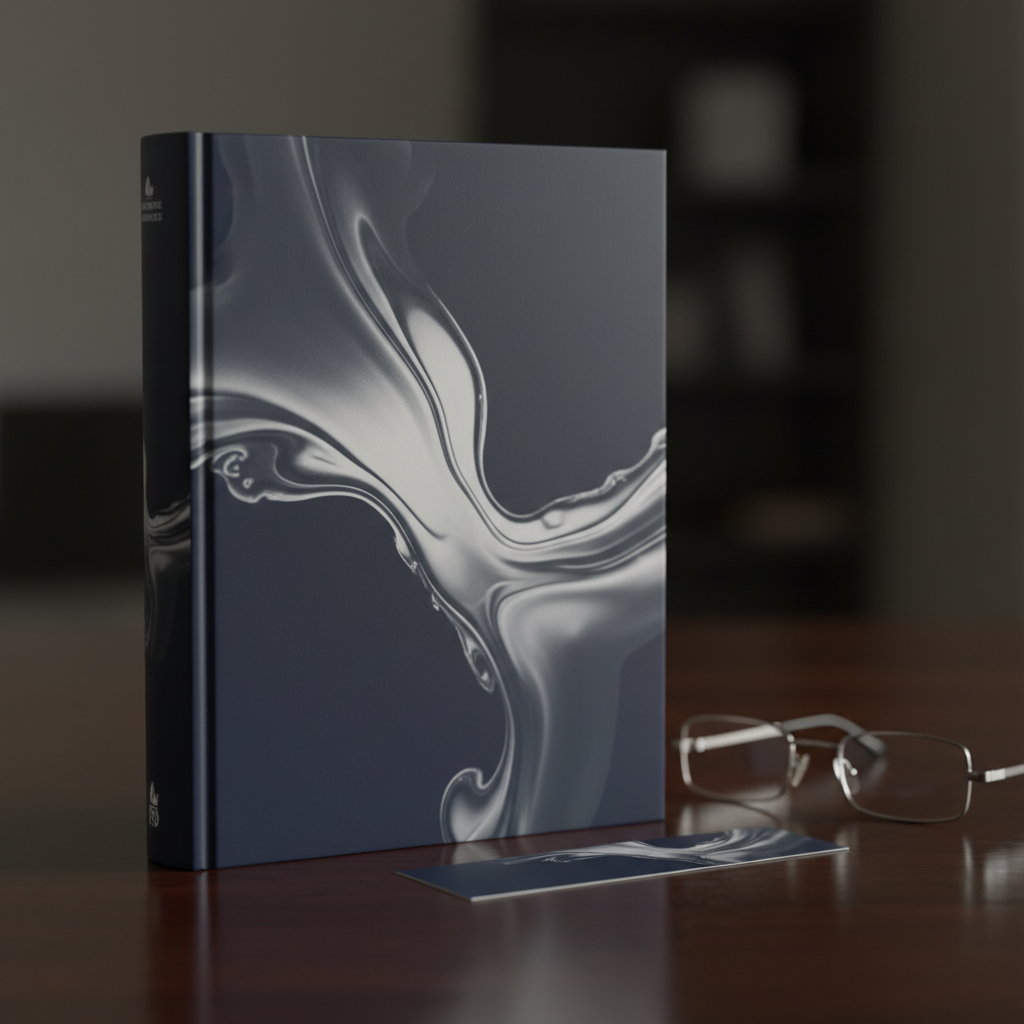 A close-up, photographic image of a single, elegant hardcover book standing upright on a dark wooden table, its dust jacket a simple, modern design in deep navy and silver abstract shapes with no readable text. Beside it lies a matching bookmark and a pair of thin metal reading glasses, slightly out of focus. Soft studio lighting from the left creates a gentle sheen on the cover and subtle reflections on the table surface. The background fades into a smooth, dark bokeh, keeping the emphasis on the book. Shot from a slightly low angle, the composition feels polished and professional, evoking a published work ready for readers.