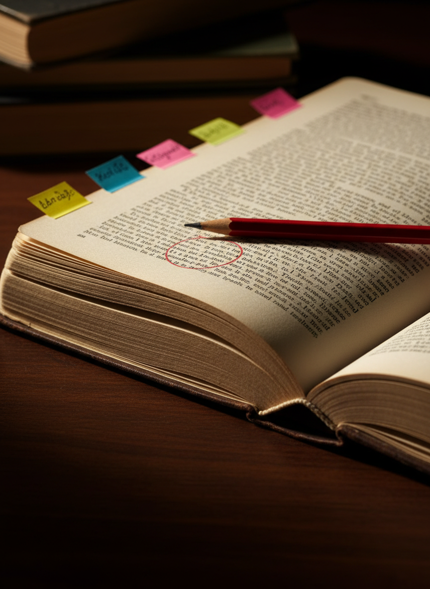 A dramatic, photographic close-up of an open manuscript laid across a dark wooden surface, pages slightly fanned and edges softly worn, symbolizing a book nearing completion. Several sticky notes protrude with tiny, unreadable scribbles, and a red pencil lies diagonally across a paragraph, its tip resting near a circled section. Side lighting from the right creates striking contrasts, highlighting the texture of the paper and casting long, crisp shadows. The background is intentionally dim and blurred, with only the faint suggestion of stacked books. Shot with a shallow depth of field, the composition conveys intense focus and the meticulous editing stage of an author’s creative process.