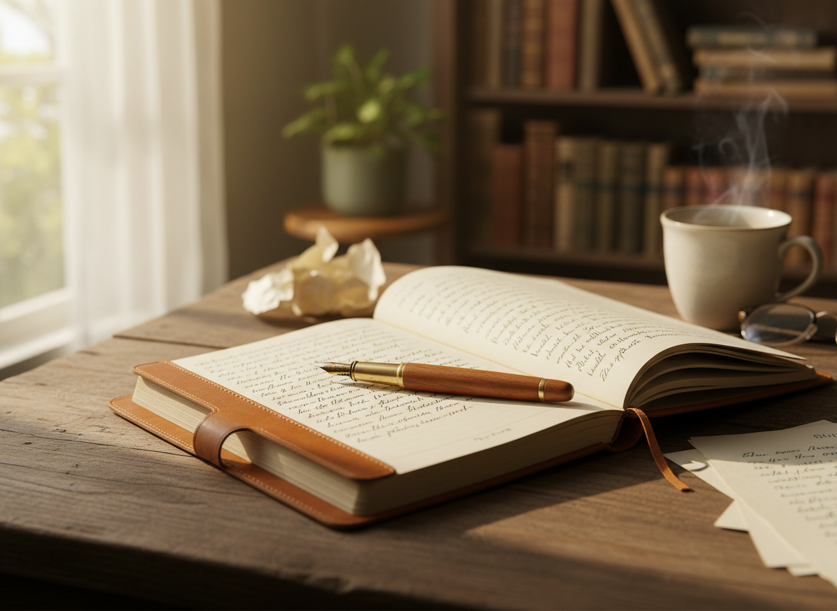 A simple, warm, professional image evoking a writer's journal — an open notebook with a pen resting on it, soft natural light, clean and inviting aesthetic